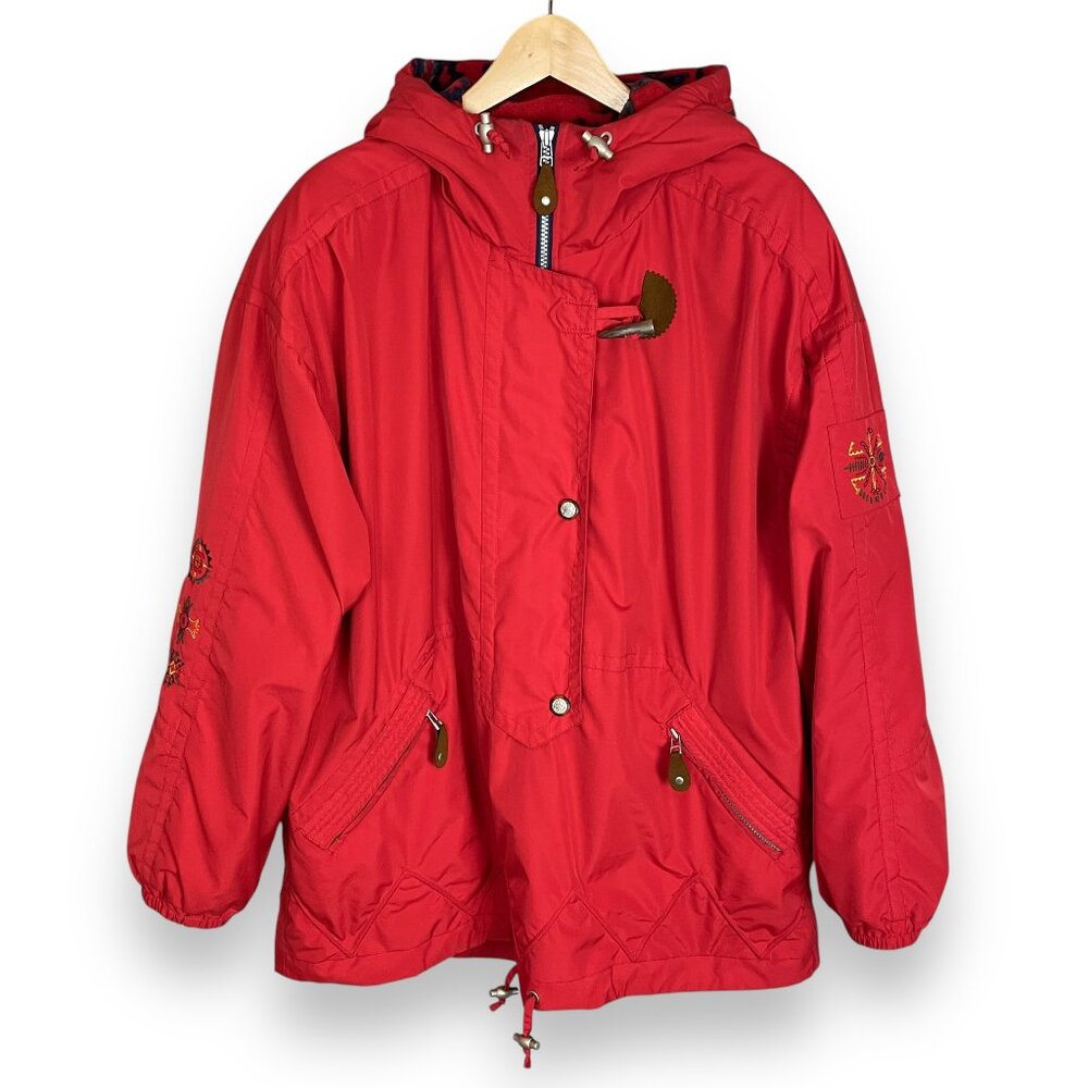 Vintage Obermeyer Jacket Red Aztec Embroidery Coat Women 14 Pullover Zipper Hood